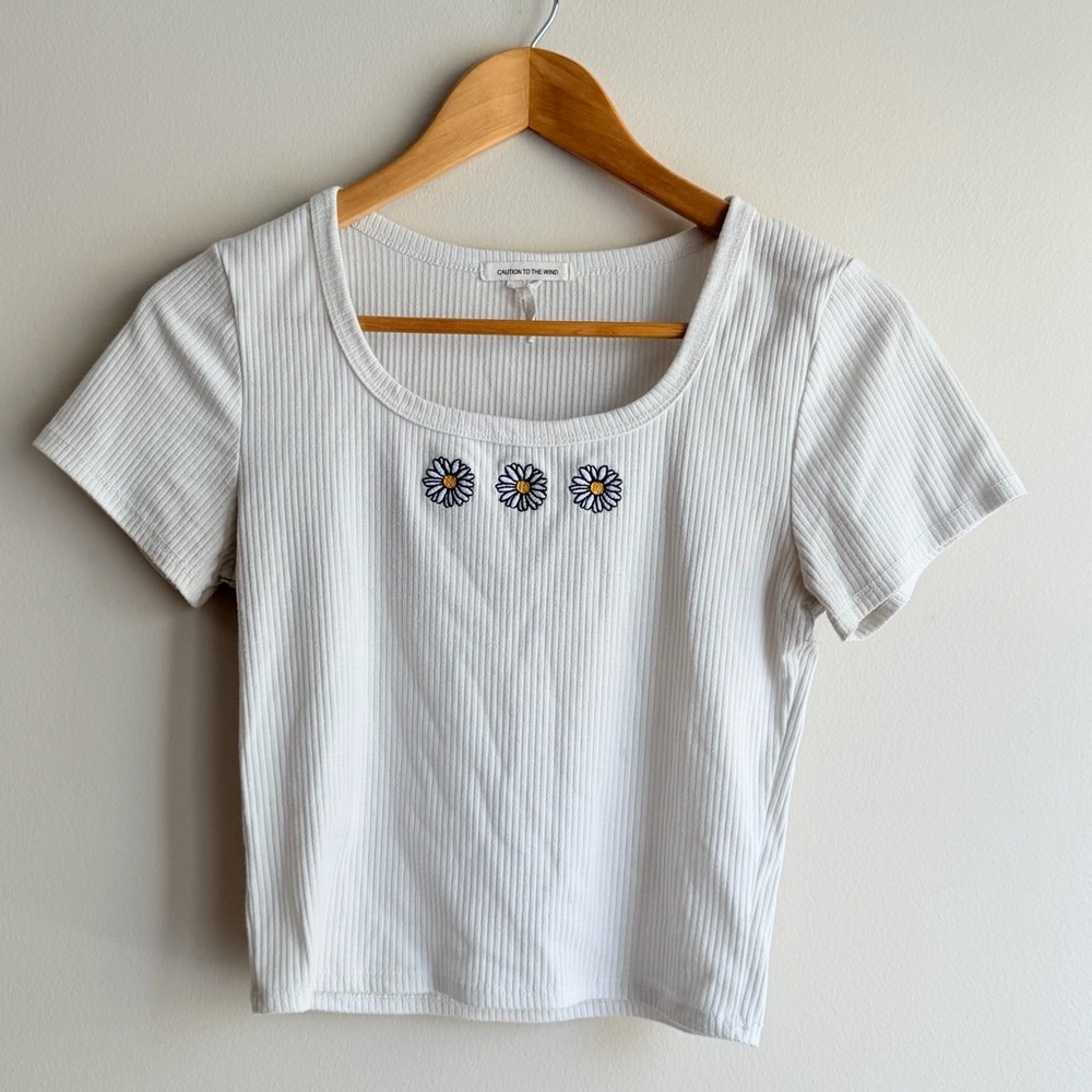 Caution to the Wind White Ribbed Short Sleeve Daisy Embroidered Baby Tee